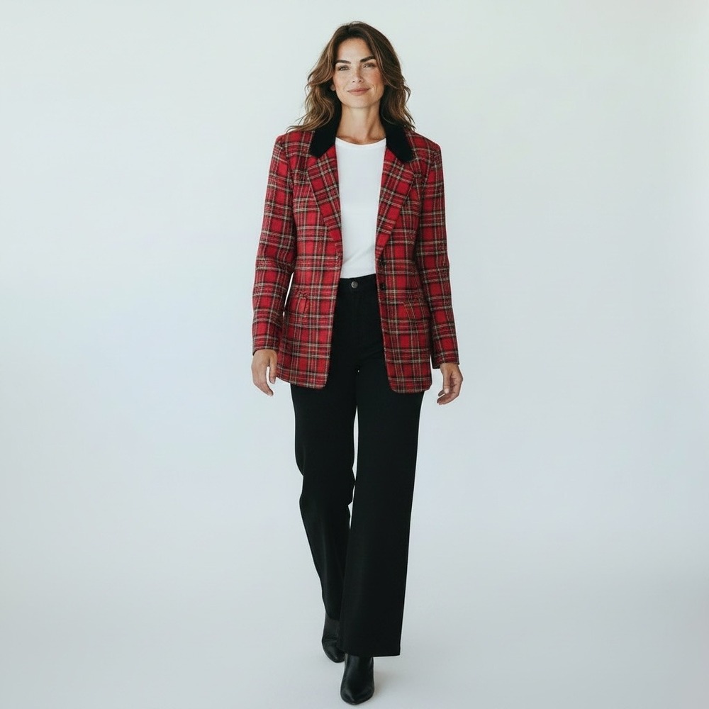 90s Clueless Prep Wool Holiday Red Tartan Plaid Dark Academia Blazer Womens 14